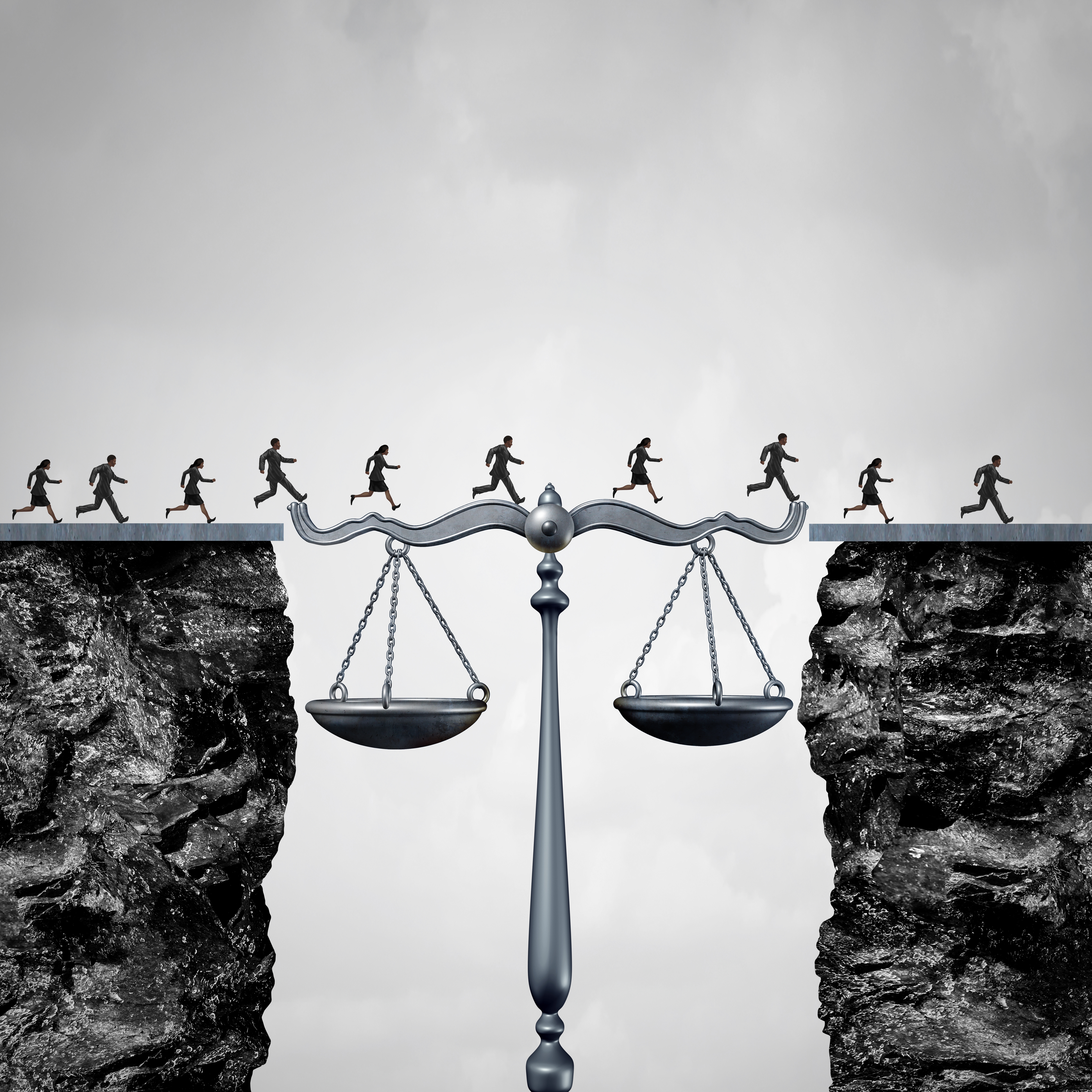 Law and attorney solution concept as a group of lawyers or corporate businessmen and businesswomen crossing two cliffs with the help of a justice scale acting as a bridge to legal services success with 3D illustration elements.